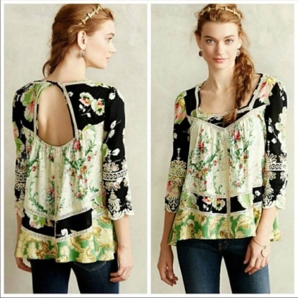 Anthropologie Vanessa Virginia Prateria Peasant Top sz 0 A61 UK 4 EUR 32 Floral